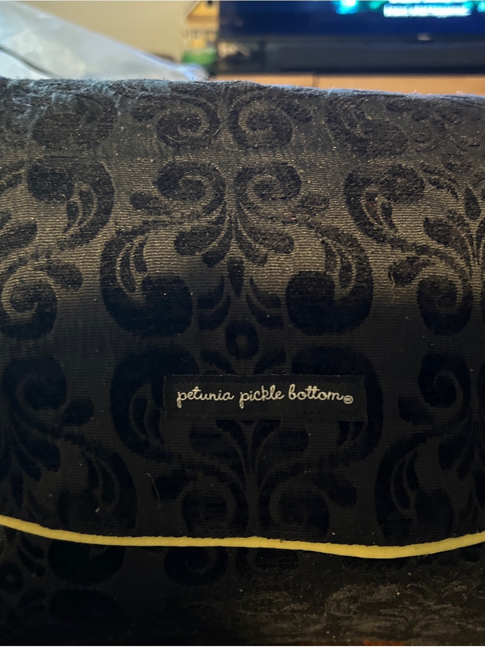 Petunia Pickle Bottom Black Damask Clutch with Yellow Trim
